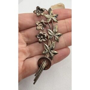 Vintage Sterling Silver Flower Spray Brooch Mid Century Botanical Pin 1940s 8.6g